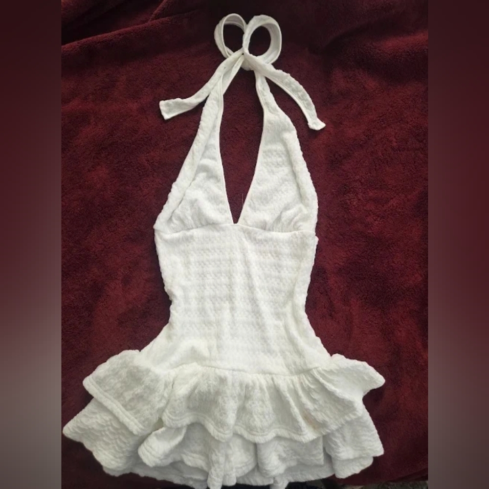 Kids White Halter One-Piece Swimsuit with Ruffle Skirt